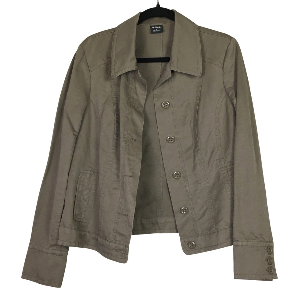 Tribal Womens 8 Mocha Brown‎ Linen Cotton Button Front Utility Jacket 5958O-367
